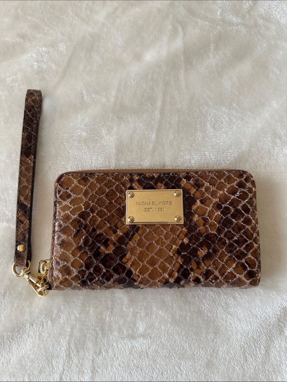 Michael Kors Brown Snakeskin Card Wallet with Gold Plaque
